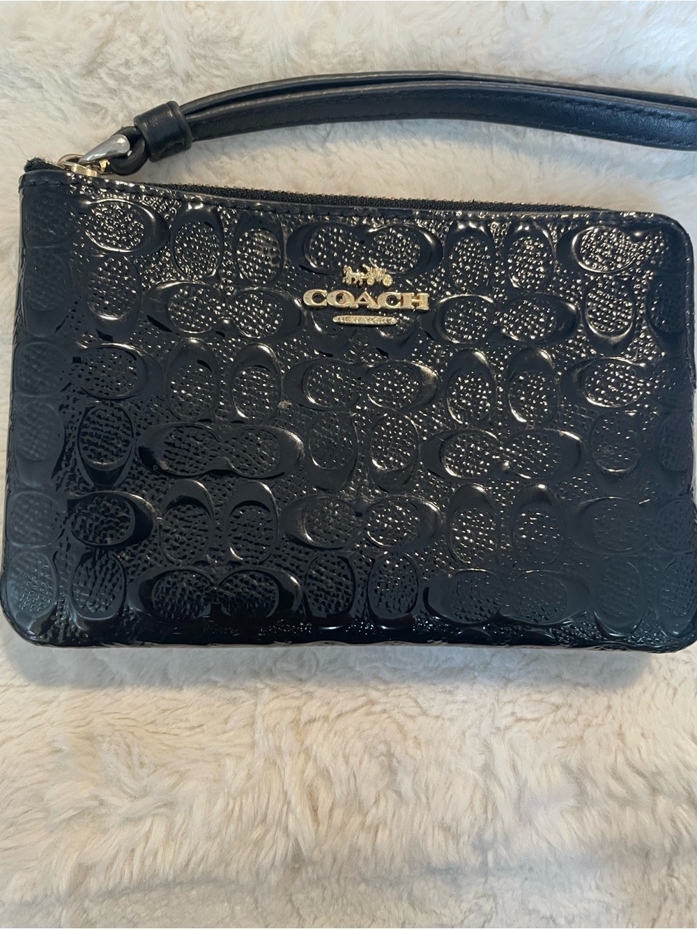 Coach Black Patent Signature Wristlet with Gold Logo